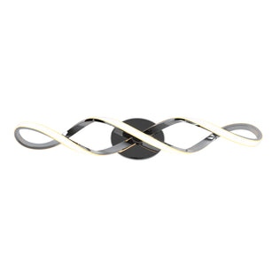 The Artika Swirl modern LED bathroom vanity light features two intertwined metallic arms and a circular black base, providing sleek, modern lighting with integrated LEDs that emit a soft white glow.