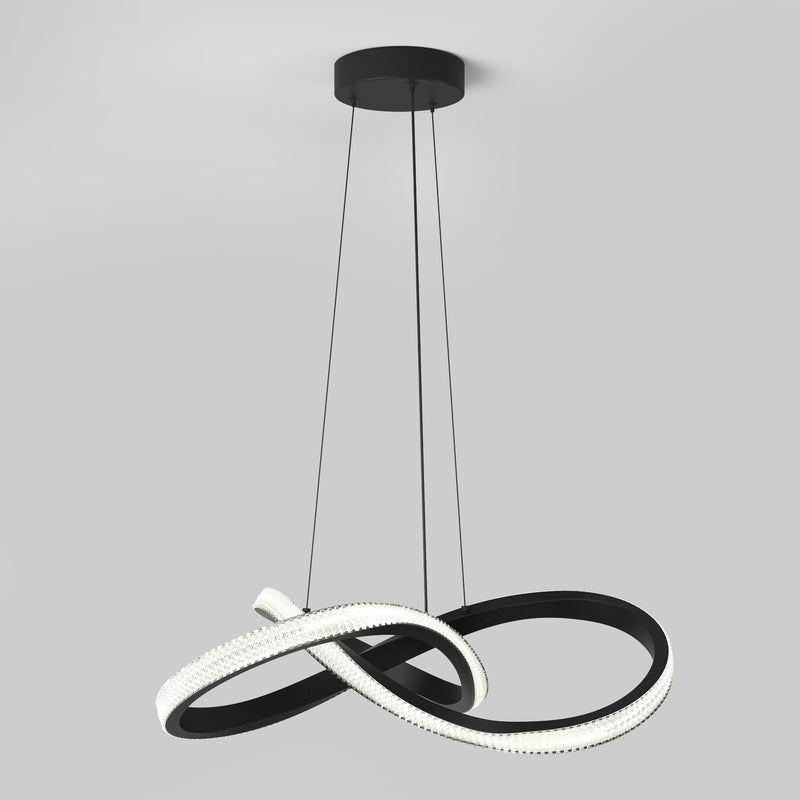 The Artika Morgan LED contemporary pendant light features three black cables suspending a sculptural fixture with intertwined black and white illuminated curves, set against a plain light gray background.