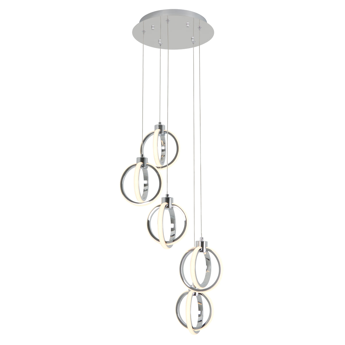 Modern pendant light fixture with five hanging circular LED rings suspended at varying lengths from a round ceiling plate, featuring a sleek, metallic finish.