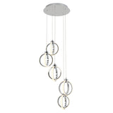 Modern pendant light fixture with five hanging circular LED rings suspended at varying lengths from a round ceiling plate, featuring a sleek, metallic finish.