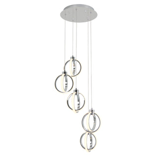 The Soho modern 5-light LED pendant by Artika features five circular LED rings suspended at varying heights from a round metallic base, each emitting a soft white glow for a contemporary, elegant effect.