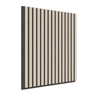 The Artika Sonolok 15.5 ft sound-absorbing wall panel kit (4-pack) features rectangular panels with vertical light wood slats, evenly spaced over a dark background, shown angled against a white backdrop.