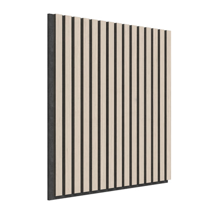 The Artika Sonolok 15.5 ft sound-absorbing wall panel kit (4-pack) features rectangular panels with vertical light wood slats, evenly spaced over a dark background, shown angled against a white backdrop.