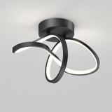 A modern ceiling light fixture with three curved, black metal arms, each lined with integrated LED lights, creating an abstract, flowing design against a plain white ceiling.