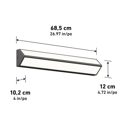 The Artika Preston LED modern bathroom vanity light 3 CCT is a rectangular, wall-mounted fixture measuring 68.5 cm (26.97 in) wide, 10.2 cm (4 in) deep, and 12 cm (4.72 in) tall.