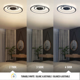 A modern ceiling light above a bed is shown in three lighting temperatures: warm white (2700K), neutral white (3500K), and cool white (4500K). A round mirror, plants, and curtains decorate the bedroom.