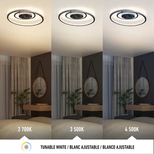 A modern bedroom features the Artika Salto LED flush mount light, displaying three color temperatures—warm white (2700K), neutral white (3500K), and cool white (4500K)—each shown in separate panels above the bed.