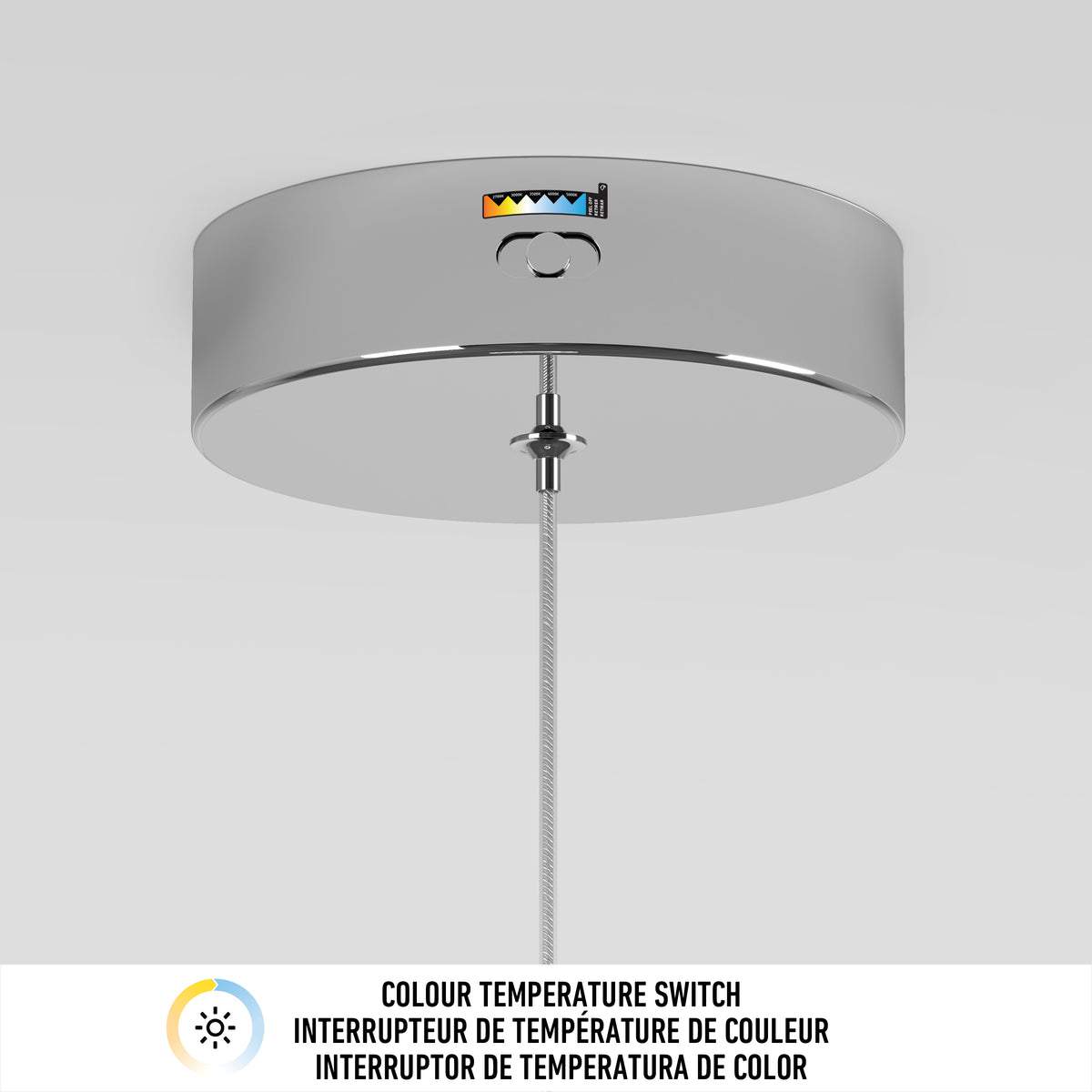 The Artika Chorus 1-light LED pendant with 5 CCT is shown: a round metallic ceiling fixture with pull switch and color temperature indicator sticker, against a light gray background. Below, “Colour Temperature Switch” appears in three languages.