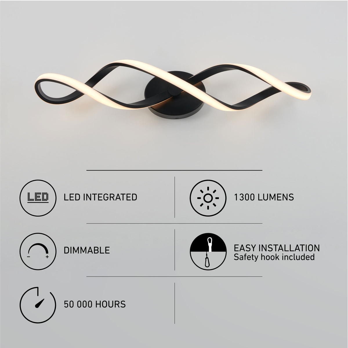 Artika Swirl LED bathroom vanity light in modern black and white features integrated LED, 1300 lumens, dimmable function, 50,000-hour lifespan, and easy installation with an included safety hook.