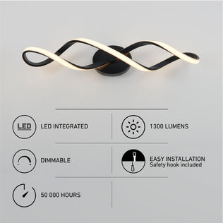 Artika Swirl LED bathroom vanity light in modern black and white features integrated LED, 1300 lumens, dimmable function, 50,000-hour lifespan, and easy installation with an included safety hook.