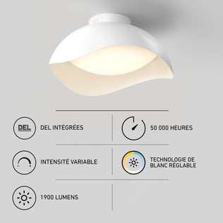 An Adara 15 in. (38 cm) Modern LED Flush Mount Ceiling Light 5 CCT with integrated LEDs, 50,000-hour lifespan, dimmability, and adjustable color.