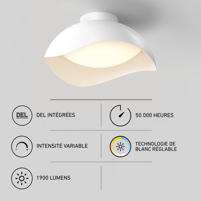 An Adara 15 in. (38 cm) Modern LED Flush Mount Ceiling Light 5 CCT with integrated LEDs, 50,000-hour lifespan, dimmability, and adjustable color.
