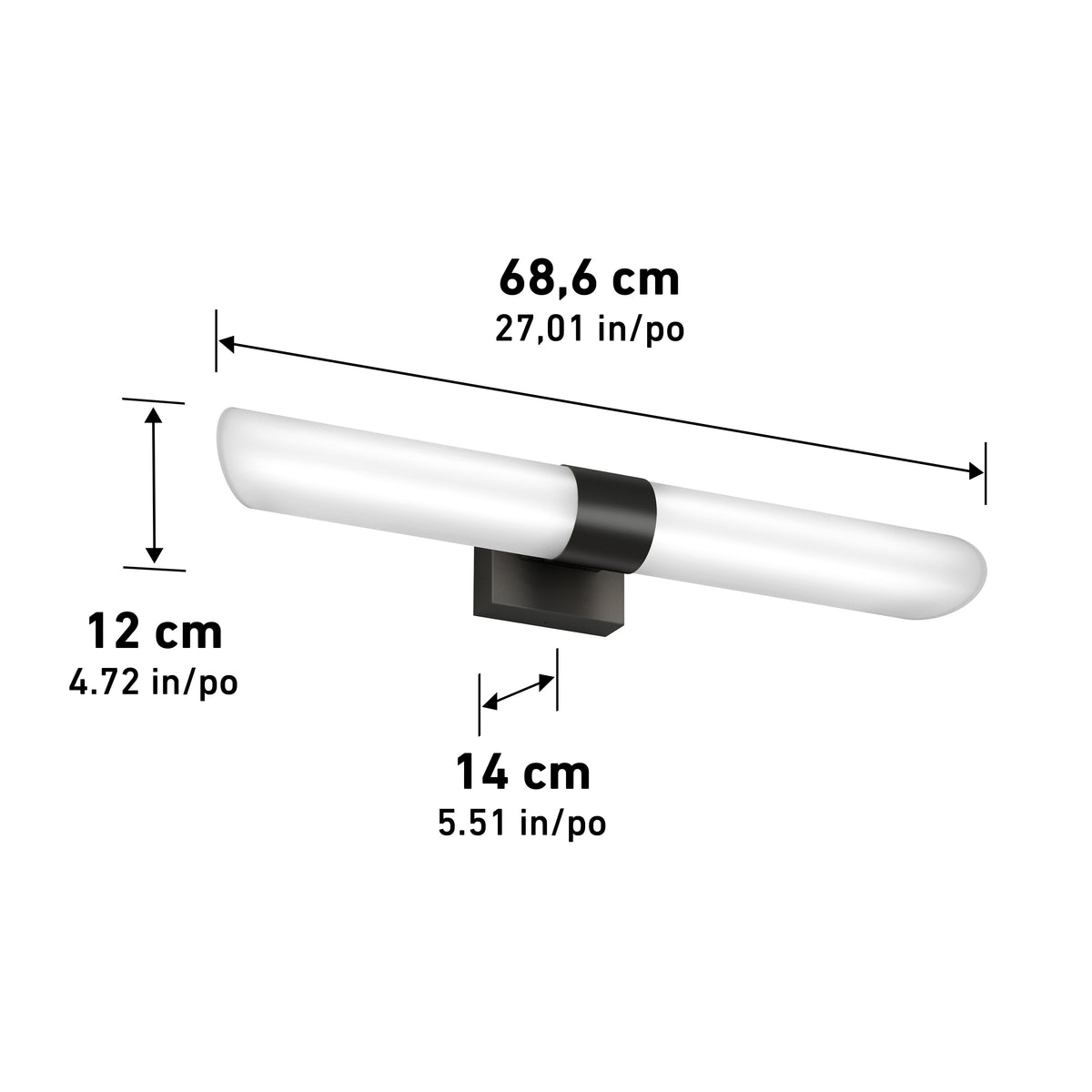 A modern wall-mounted light fixture with a cylindrical white shade, shown with dimensions: 68.6 cm wide, 14 cm deep, and 12 cm tall. Measurements are labeled in both centimeters and inches.