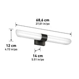 A modern wall-mounted light fixture with a cylindrical white shade, shown with dimensions: 68.6 cm wide, 14 cm deep, and 12 cm tall. Measurements are labeled in both centimeters and inches.