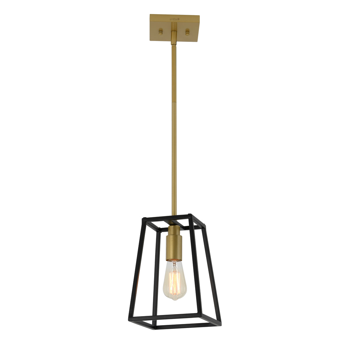 A modern pendant light with a gold rod and a geometric black metal frame surrounding an exposed light bulb, suspended from a square gold ceiling mount.