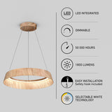 Modern circular pendant light with wood finish, suspended by wires. Infographics show features: LED integrated, dimmable, 50,000 hours lifespan, 1800 lumens, easy installation with safety hook, and selectable white technology.