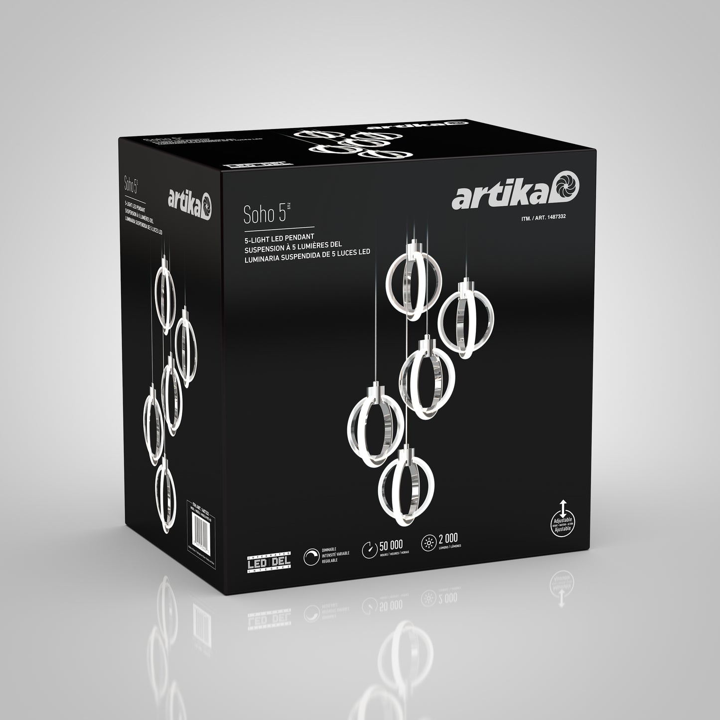 A black box displays the Artika Soho modern 5-light LED pendant, featuring images of the stylish circular chrome fixture and product details with branding in white text.
