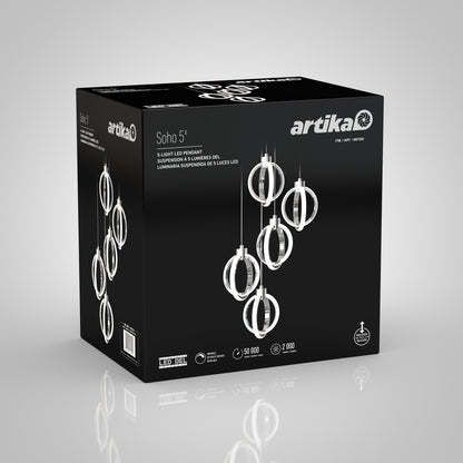 A black box displays the Artika Soho modern 5-light LED pendant, featuring images of the stylish circular chrome fixture and product details with branding in white text.