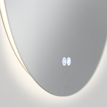 A close-up of the Artika Raya 24 in. LED mirror 3 CCT with defogger, featuring two glowing touch-sensitive icons on its round illuminated surface, set against a plain light background.