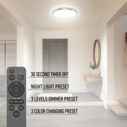 A modern entryway features the Artika Europa 21 in. LED flush mount light with remote, offering a 30-second timer off, night light preset, 3 dimmer levels, and 3 color presets. A remote control is displayed on the left.