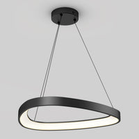 The Artika Bjorn modern LED pendant light 5 CCT, a sleek black oval fixture suspended by two slim cables, emits a soft white glow against a plain light gray background.
