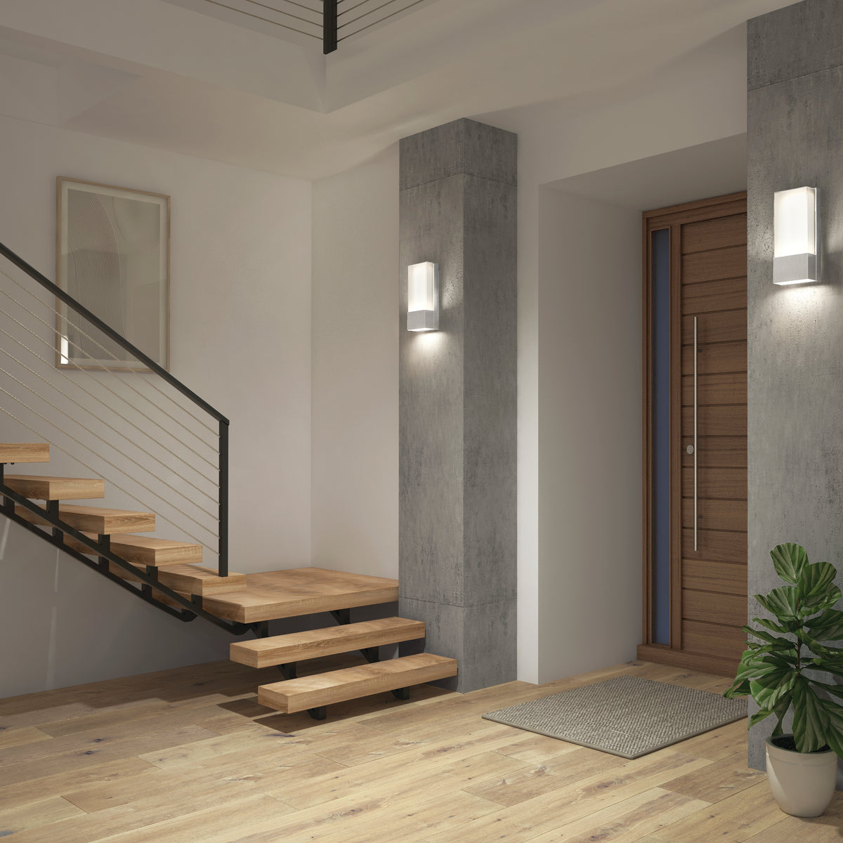 Modern entryway featuring a floating wooden staircase, concrete pillars, a wood front door, framed art, potted plant, small rug on light wood floors, and two Artika Dixon indoor-outdoor LED wall lights for a sleek contemporary touch.