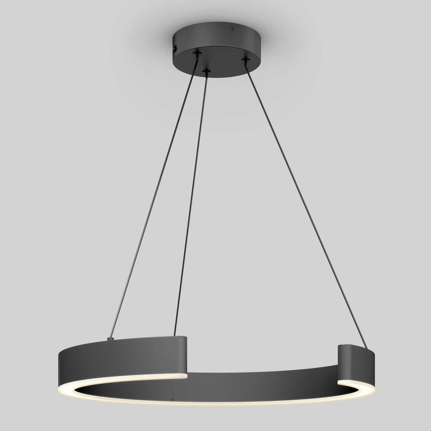 The Artika-CAN-dev Vance modern LED pendant light 3 CCT features a matte black circular design, suspended by three black cables, glowing at 600 lumens from the inner rim against a plain gray background.