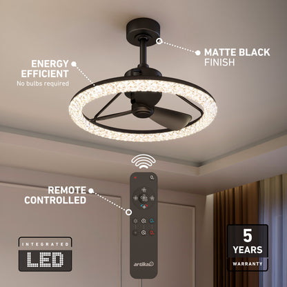 The Artika Carat 23 in. (58 cm) LED modern fandelier ceiling fan with light is shown with its remote and labels highlighting its features.