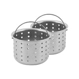 Two stainless steel perforated baskets with handles, placed side by side on a white background. The baskets have evenly spaced round holes and are designed for draining or steaming food.