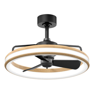 The Artika Lugano 23 in. LED modern ceiling fan features three black blades, a circular wooden accent ring with integrated LED lighting, and comes with a remote for easy control.