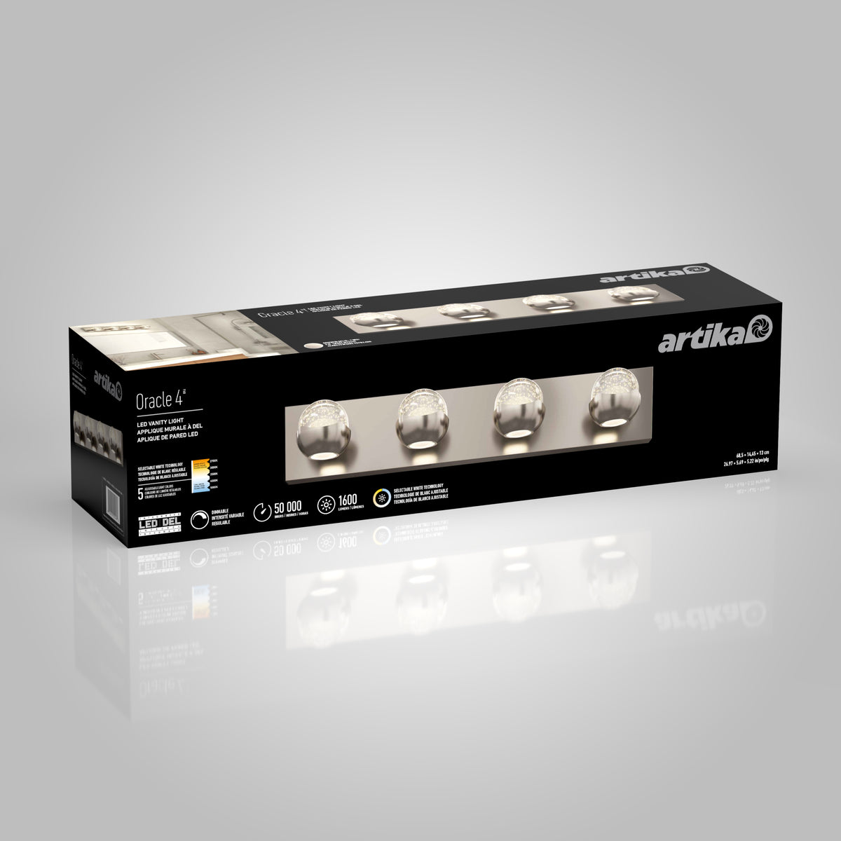 A rectangular black and white box of Artika Oracle 4 LED vanity light, showing four round lights on the packaging and product features such as brightness, energy savings, and lifespan.