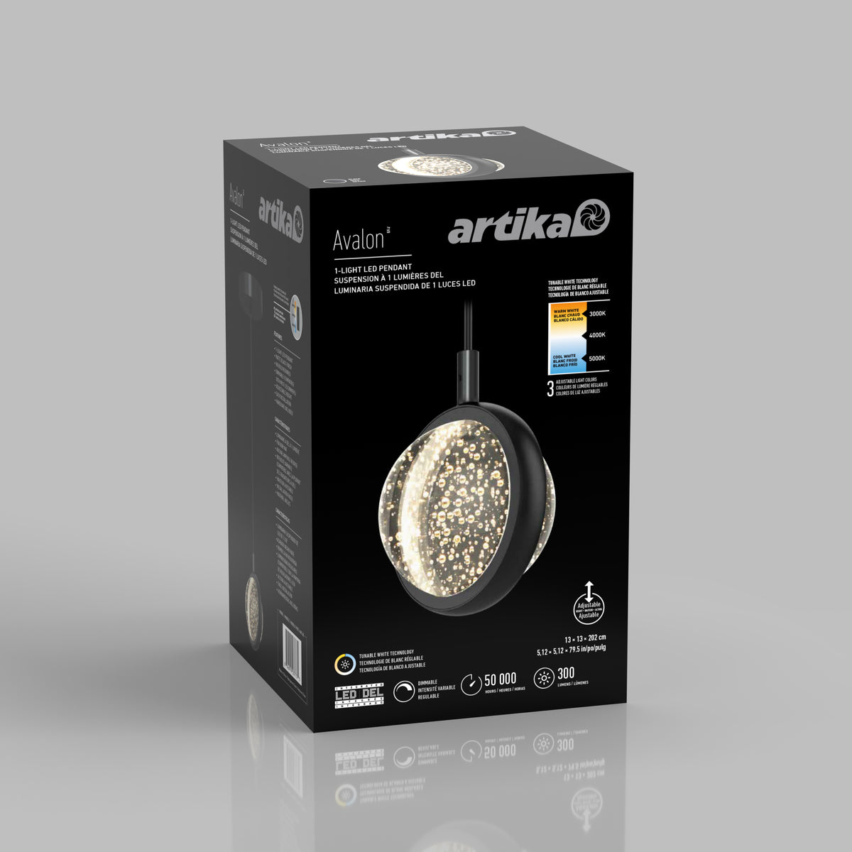 A black box for an Artika Avalon LED pendant light is shown. The packaging features an image of the round, bubble-filled glass light fixture and highlights its 3-step color temperature change, energy efficiency, and 50,000-hour lifespan.