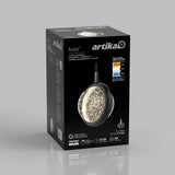A black box for an Artika Avalon LED pendant light is shown. The packaging features an image of the round, bubble-filled glass light fixture and highlights its 3-step color temperature change, energy efficiency, and 50,000-hour lifespan.