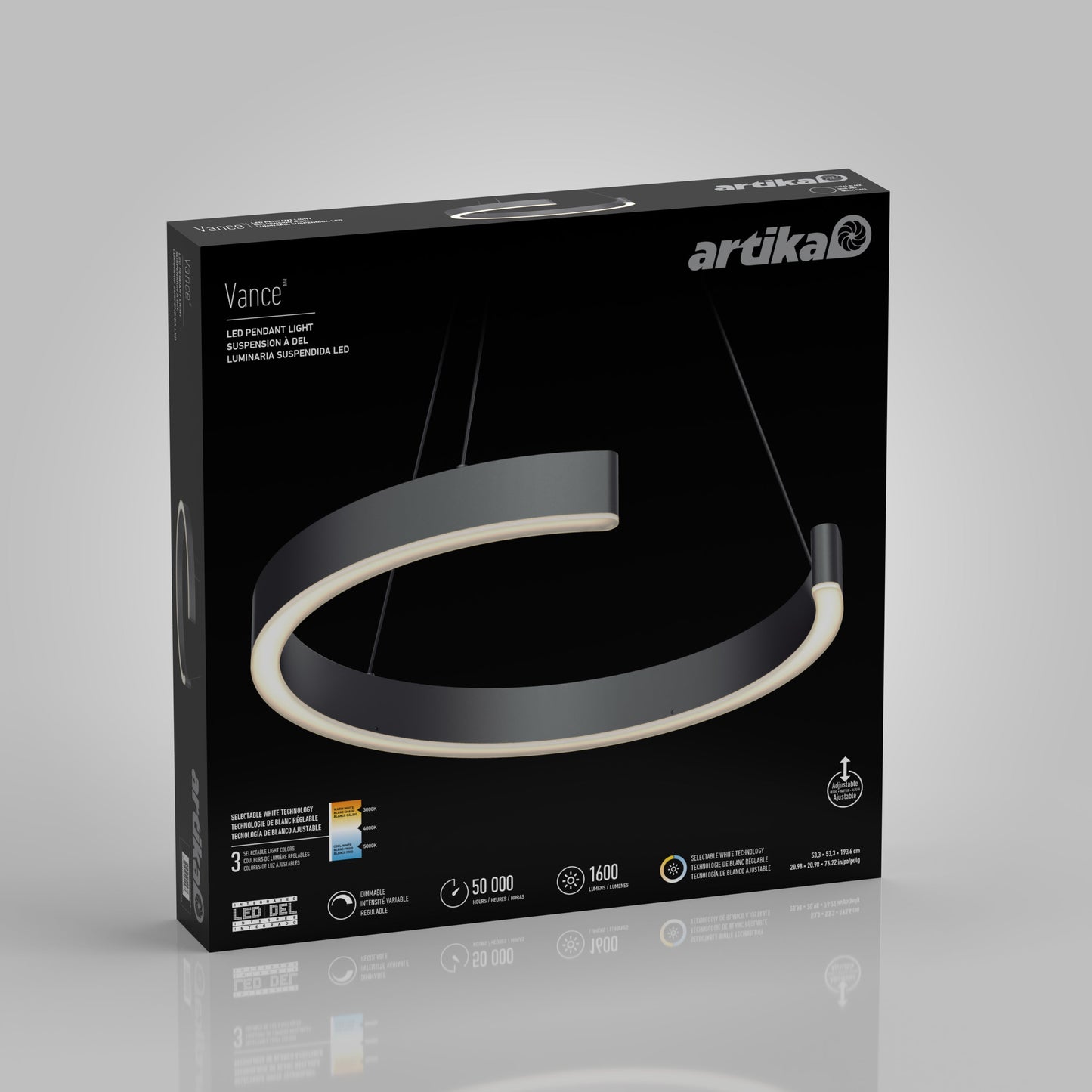 A black Artika-CAN-dev Vance modern LED pendant light 3 CCT box displays the elegant circular fixture, featuring adjustable color temperatures and a 50,000-hour lifespan for versatile, ambient lighting.