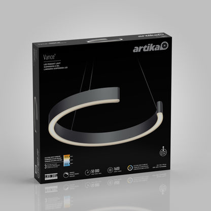 A black Artika-CAN-dev Vance modern LED pendant light 3 CCT box displays the elegant circular fixture, featuring adjustable color temperatures and a 50,000-hour lifespan for versatile, ambient lighting.