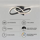 Modern LED ceiling light fixture with a twisted design. Features shown: LED integrated, 1900 lumens, dimmable, 50,000 hours lifespan, easy installation with safety hook, and selectable white technology.