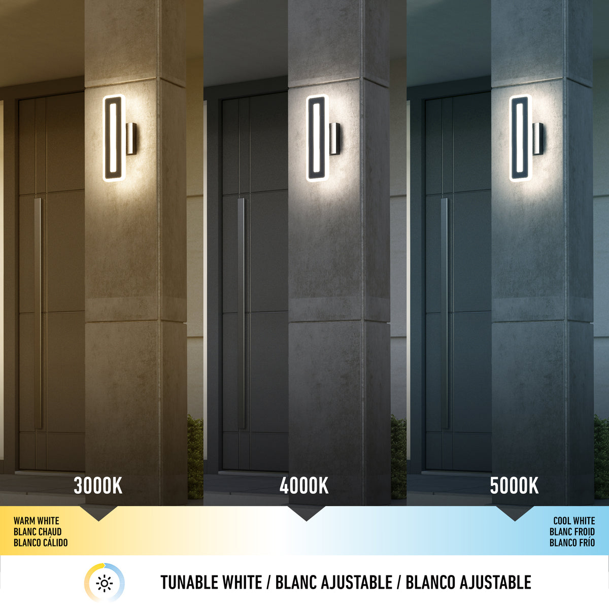 Three vertical panels show the same exterior wall light at different color temperatures: warm white (3000K), neutral white (4000K), and cool white (5000K); a brightness scale is at the bottom.