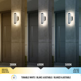 Three vertical panels show the same exterior wall light at different color temperatures: warm white (3000K), neutral white (4000K), and cool white (5000K); a brightness scale is at the bottom.
