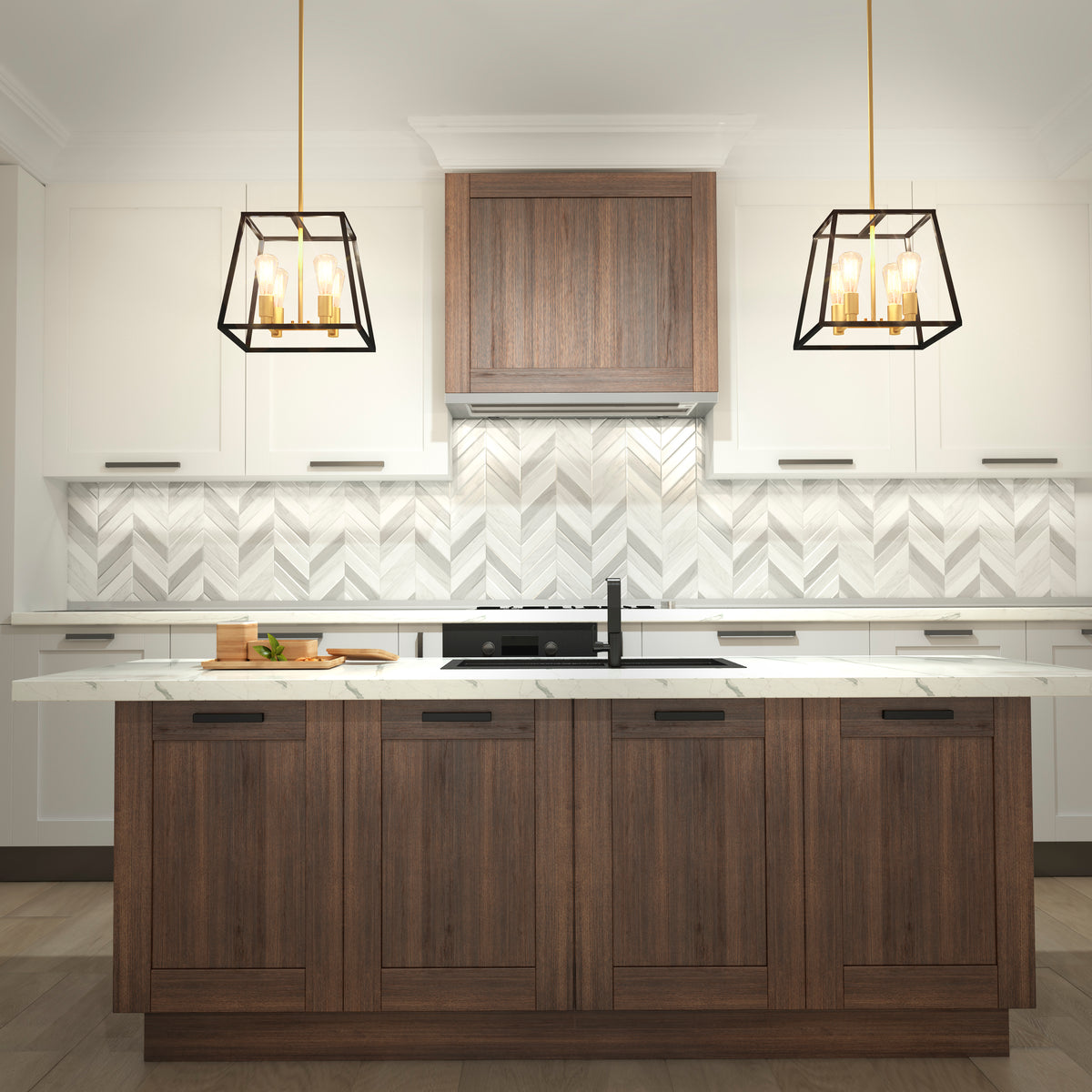 Modern kitchen with a marble island, dark wood and white cabinets, geometric tile backsplash, and an industrial touch from the Artika Carter Square 4-light LED chandelier illuminating the countertop.