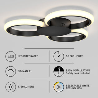The Artika Nyala 15 in. LED flush mount light features four rings, integrated LEDs, selectable white (5CCT), dimmable 1750 lumens, 50,000-hour lifespan, and easy installation.