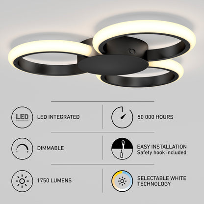 The Artika Nyala 15 in. LED flush mount light features four rings, integrated LEDs, selectable white (5CCT), dimmable 1750 lumens, 50,000-hour lifespan, and easy installation.