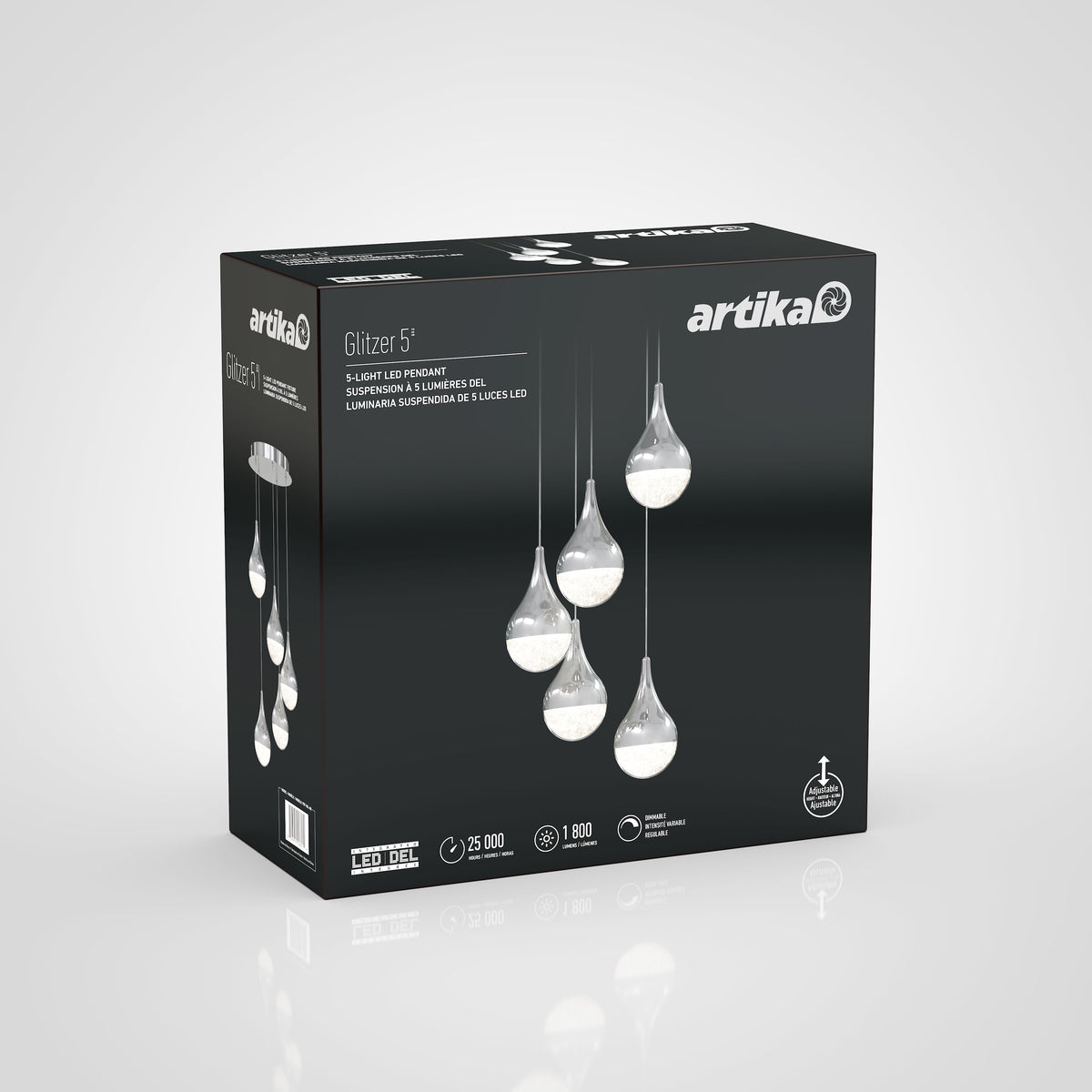 A black box displays the Artika Glitzer 5-light LED pendant lamp, featuring five teardrop-shaped glass lights hanging at varying heights. Product details and icons appear on the front and side panels.