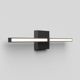 A modern wall-mounted LED light fixture with a black rectangular base and a horizontal, slim, illuminated bar extending symmetrically to both sides against a plain white wall.