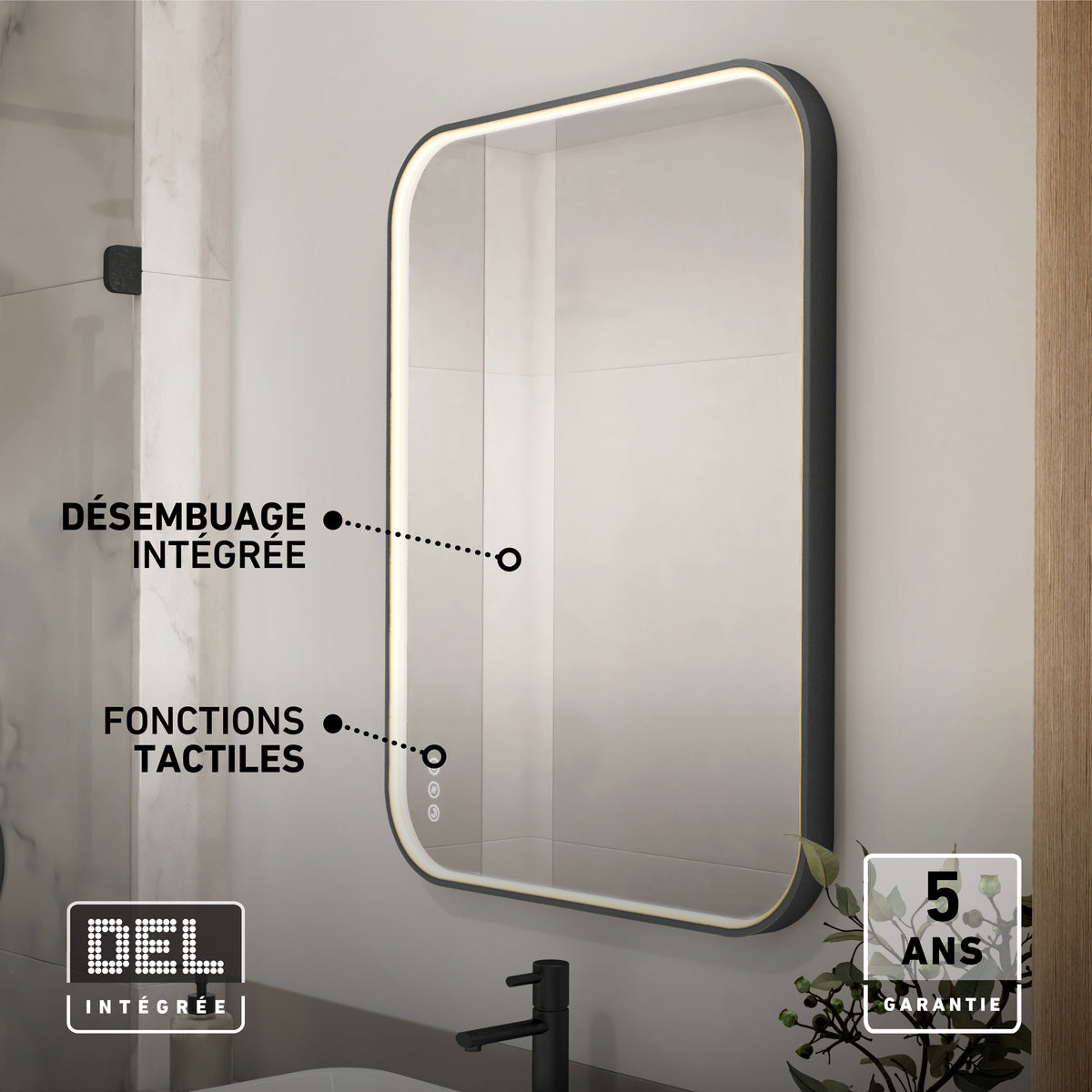 Artika Royce Dimmable LED Mirror, 3 CCT, with rounded rectangular design, backlit and installed above a black faucet. Features integrated defogger, touch controls for adjustable colour temperature, and includes a 5-year warranty.