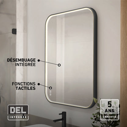 Artika Royce Dimmable LED Mirror, 3 CCT, with rounded rectangular design, backlit and installed above a black faucet. Features integrated defogger, touch controls for adjustable colour temperature, and includes a 5-year warranty.