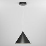 A modern black pendant light with a conical shade hangs from a thin cord attached to a round ceiling mount against a plain white background.