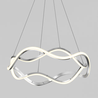 The Artika Vanora LED pendant light 5 CCT features modern, sculptural, wavy intertwined metal and illuminated bands, suspended by four thin cables against a plain light gray background.