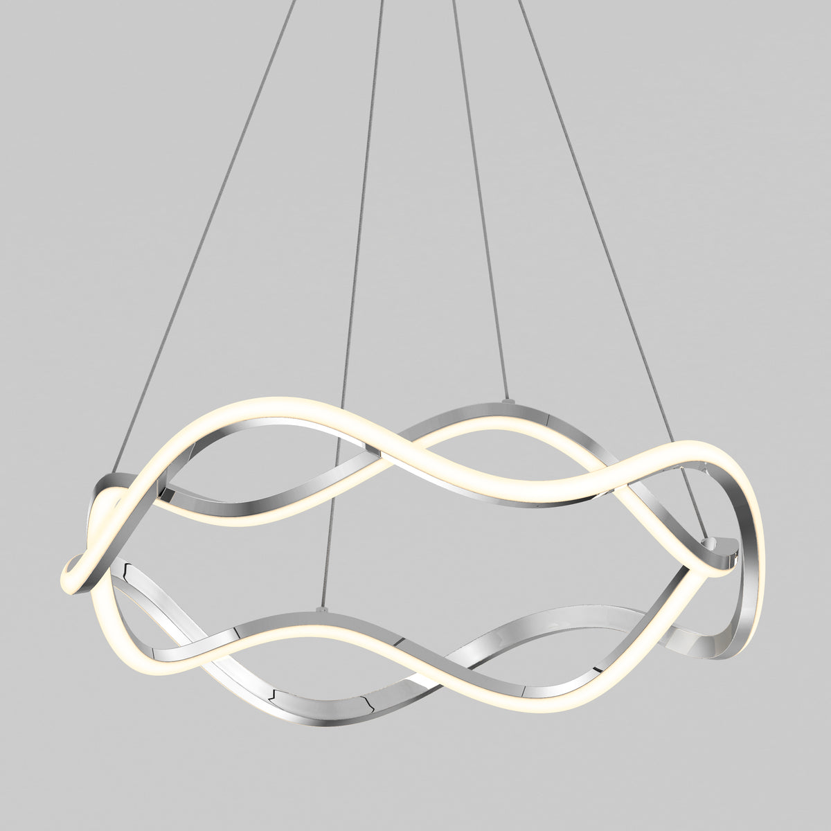 A modern, circular LED pendant light with intertwined, wavy metal and illuminated bands, suspended by four thin cables against a plain gray background.