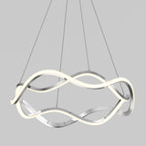 A modern, circular LED pendant light with intertwined, wavy metal and illuminated bands, suspended by four thin cables against a plain gray background.