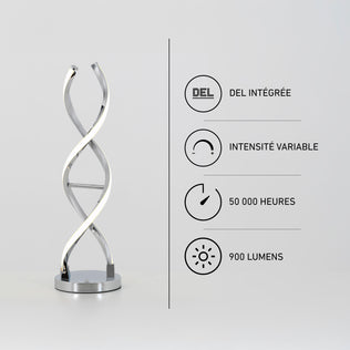 Artika Swirl LED table lamp: chrome base, dimmable, 900 lumens, 50,000-hour life, perfect for ambient lighting.